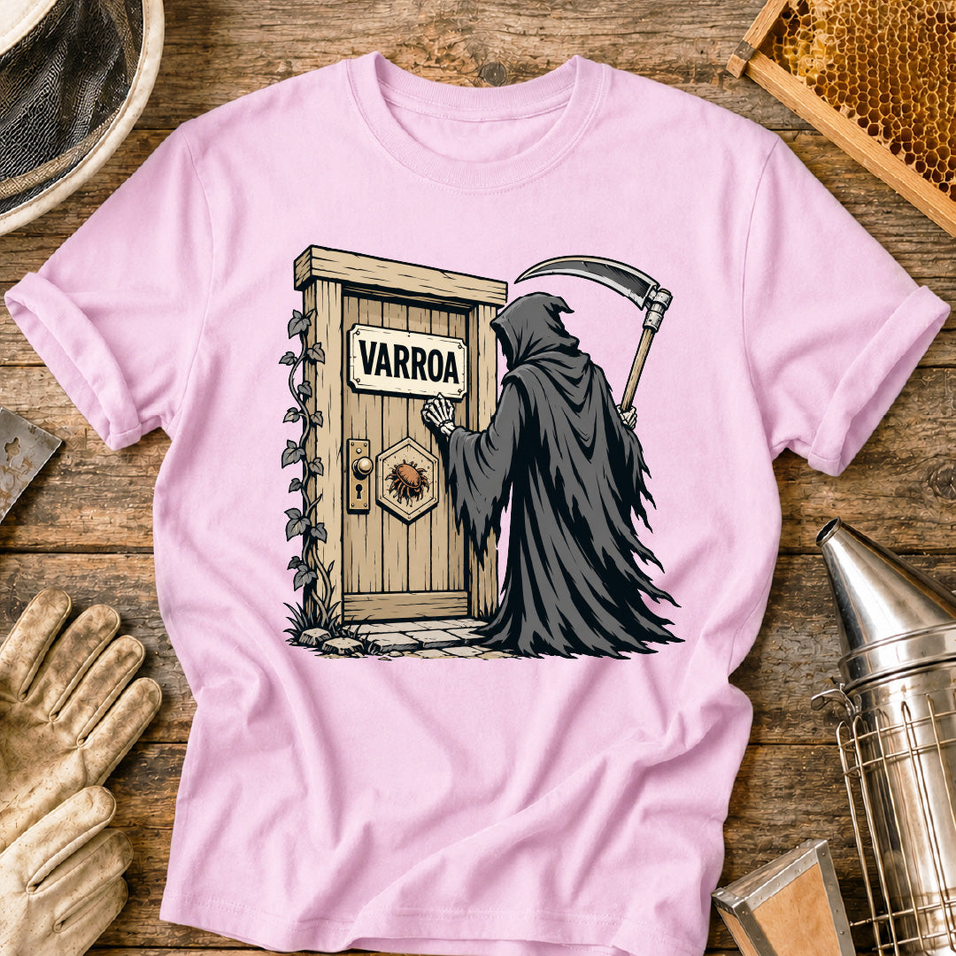 varroa destructor shirt, varroa mite shirt, beekeeper shirt, grim reaper bee design, beekeeping humor, mite control shirt, honey bee health, apiary shirt, funny beekeeper gift, healthy hive shirt