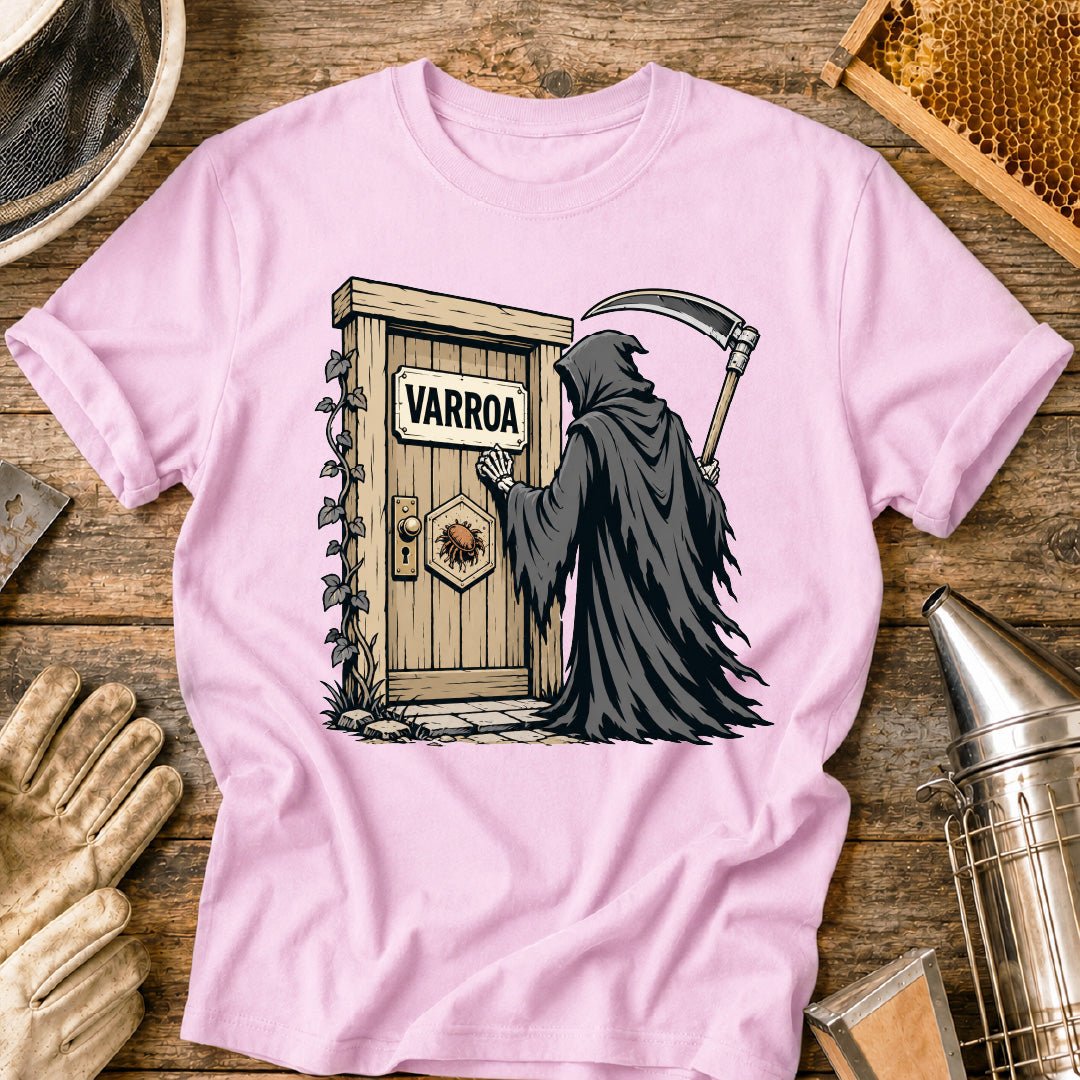 varroa destructor shirt, varroa mite shirt, beekeeper shirt, grim reaper bee design, beekeeping humor, mite control shirt, honey bee health, apiary shirt, funny beekeeper gift, healthy hive shirt