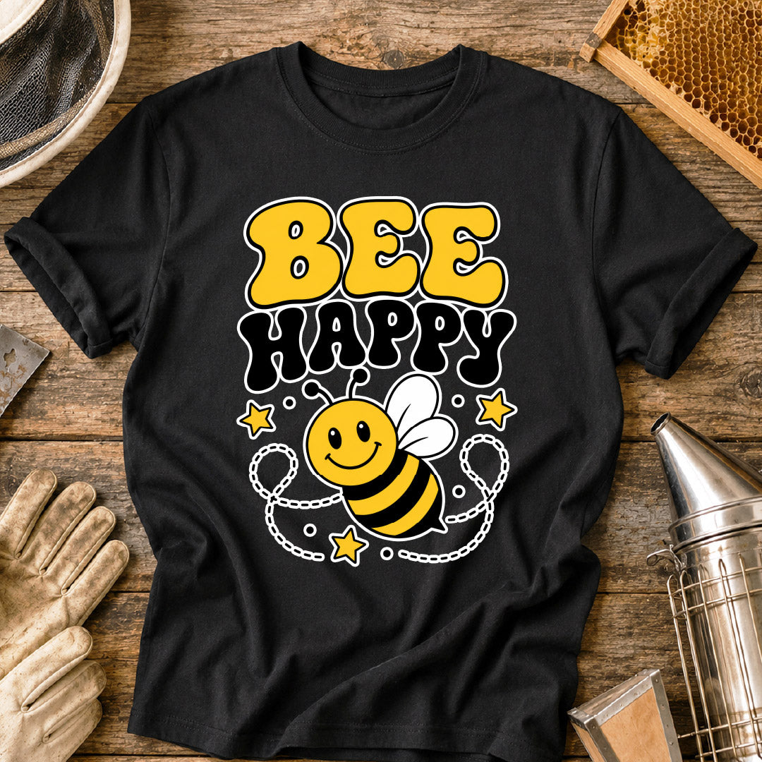 t-shirt, retro bee shirt, positive vibes shirt, pollinator shirt, happy bee design, cute bee shirt, cheerful graphic tee, cartoon bee tee, bee t-shirt, bee lover gift, bee happy shirt