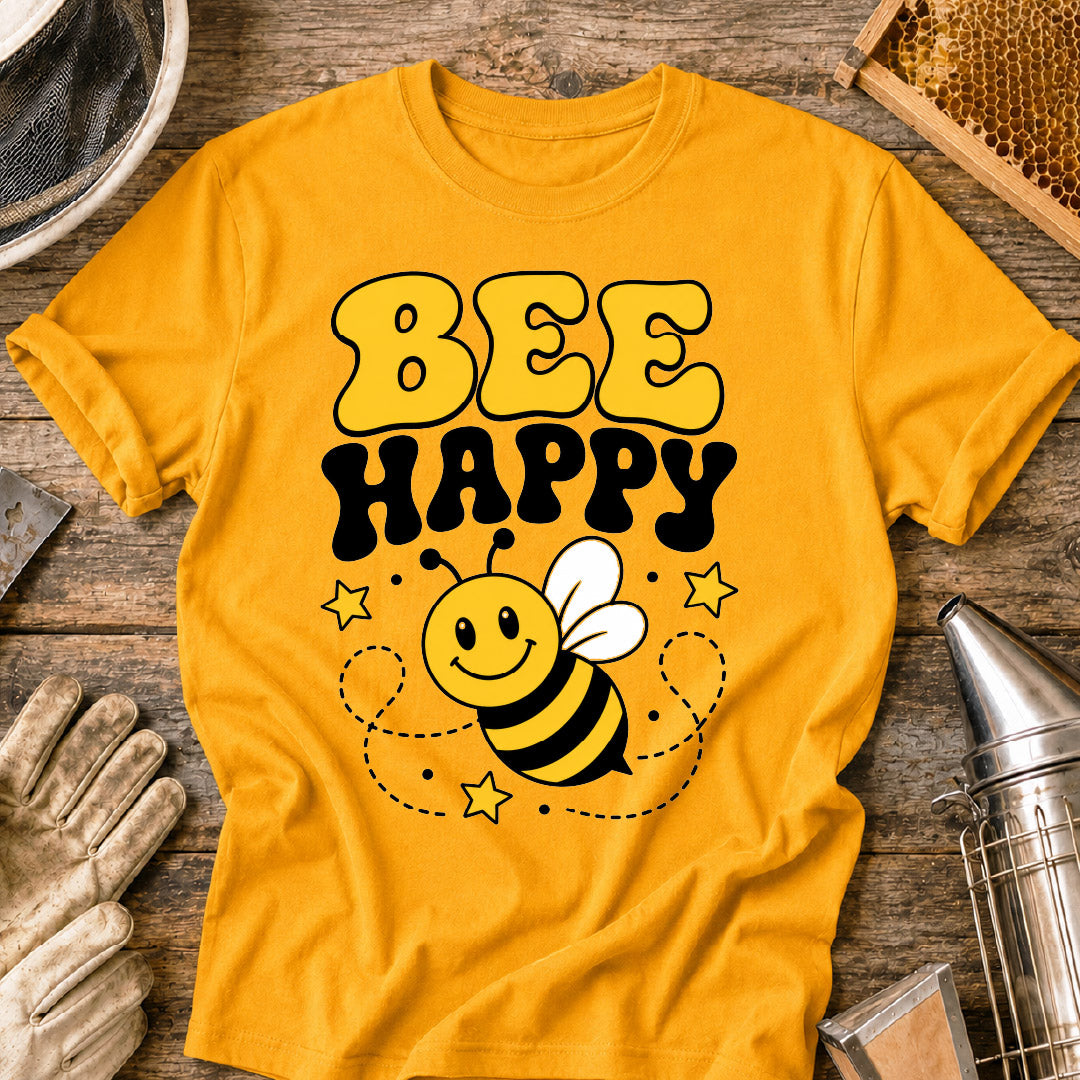 t-shirt, retro bee shirt, positive vibes shirt, pollinator shirt, happy bee design, cute bee shirt, cheerful graphic tee, cartoon bee tee, bee t-shirt, bee lover gift, bee happy shirt