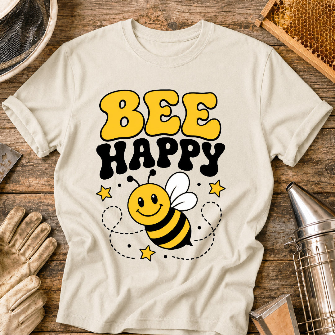t-shirt, retro bee shirt, positive vibes shirt, pollinator shirt, happy bee design, cute bee shirt, cheerful graphic tee, cartoon bee tee, bee t-shirt, bee lover gift, bee happy shirt