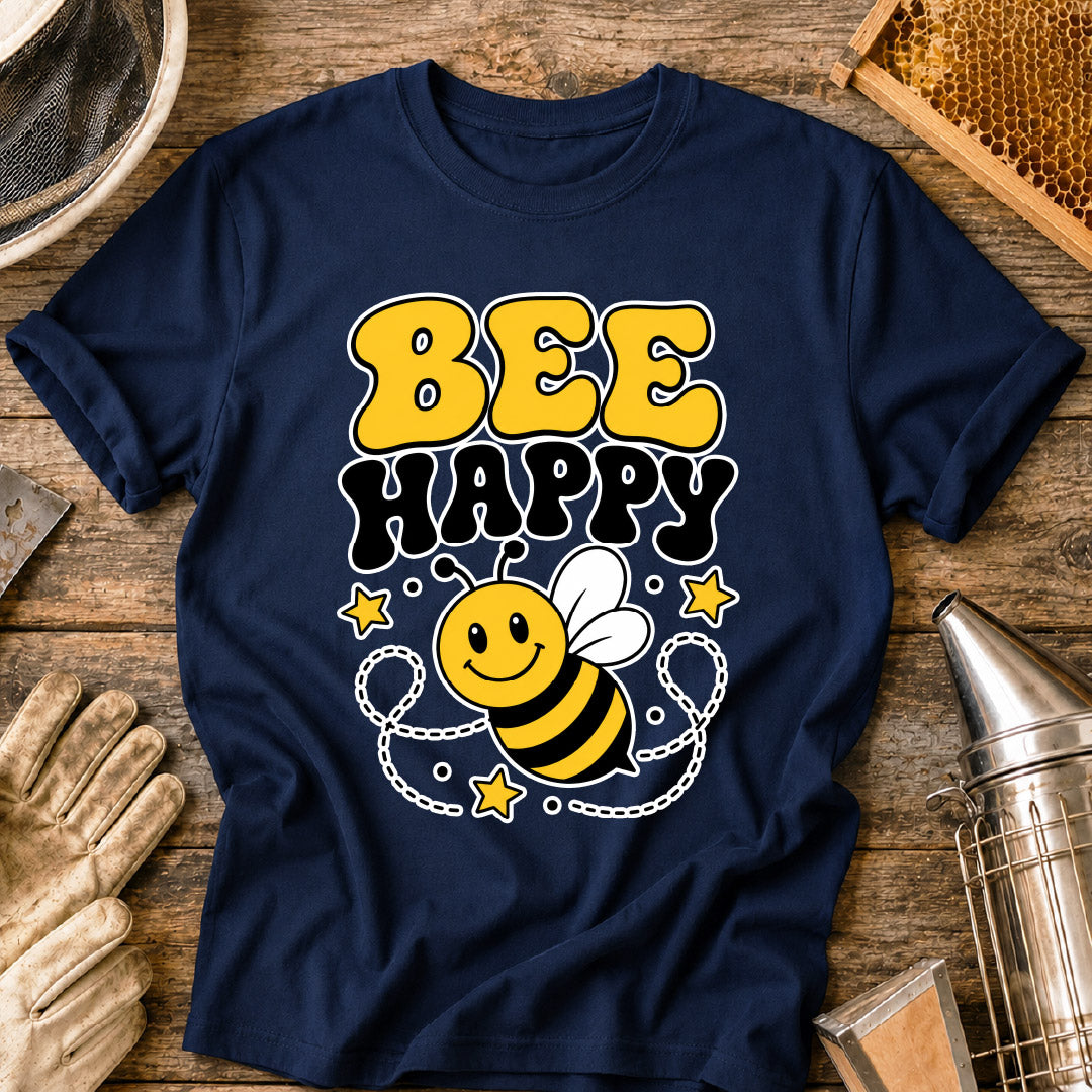 t-shirt, retro bee shirt, positive vibes shirt, pollinator shirt, happy bee design, cute bee shirt, cheerful graphic tee, cartoon bee tee, bee t-shirt, bee lover gift, bee happy shirt