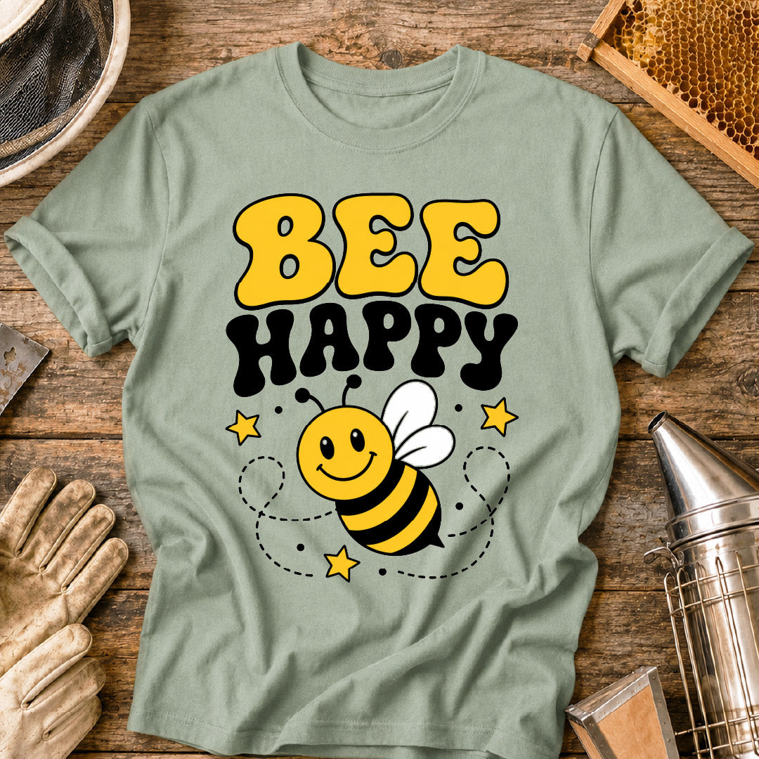 t-shirt, retro bee shirt, positive vibes shirt, pollinator shirt, happy bee design, cute bee shirt, cheerful graphic tee, cartoon bee tee, bee t-shirt, bee lover gift, bee happy shirt