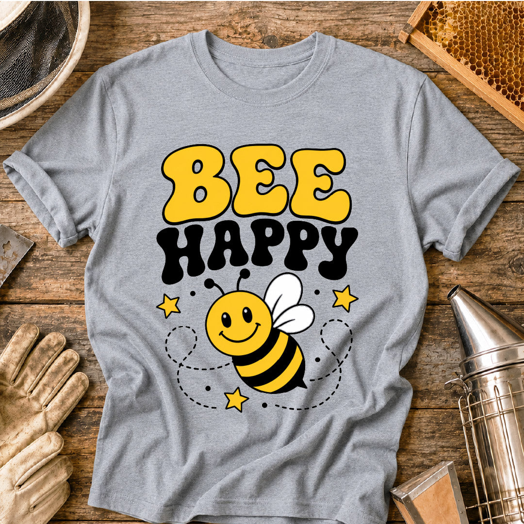 t-shirt, retro bee shirt, positive vibes shirt, pollinator shirt, happy bee design, cute bee shirt, cheerful graphic tee, cartoon bee tee, bee t-shirt, bee lover gift, bee happy shirt