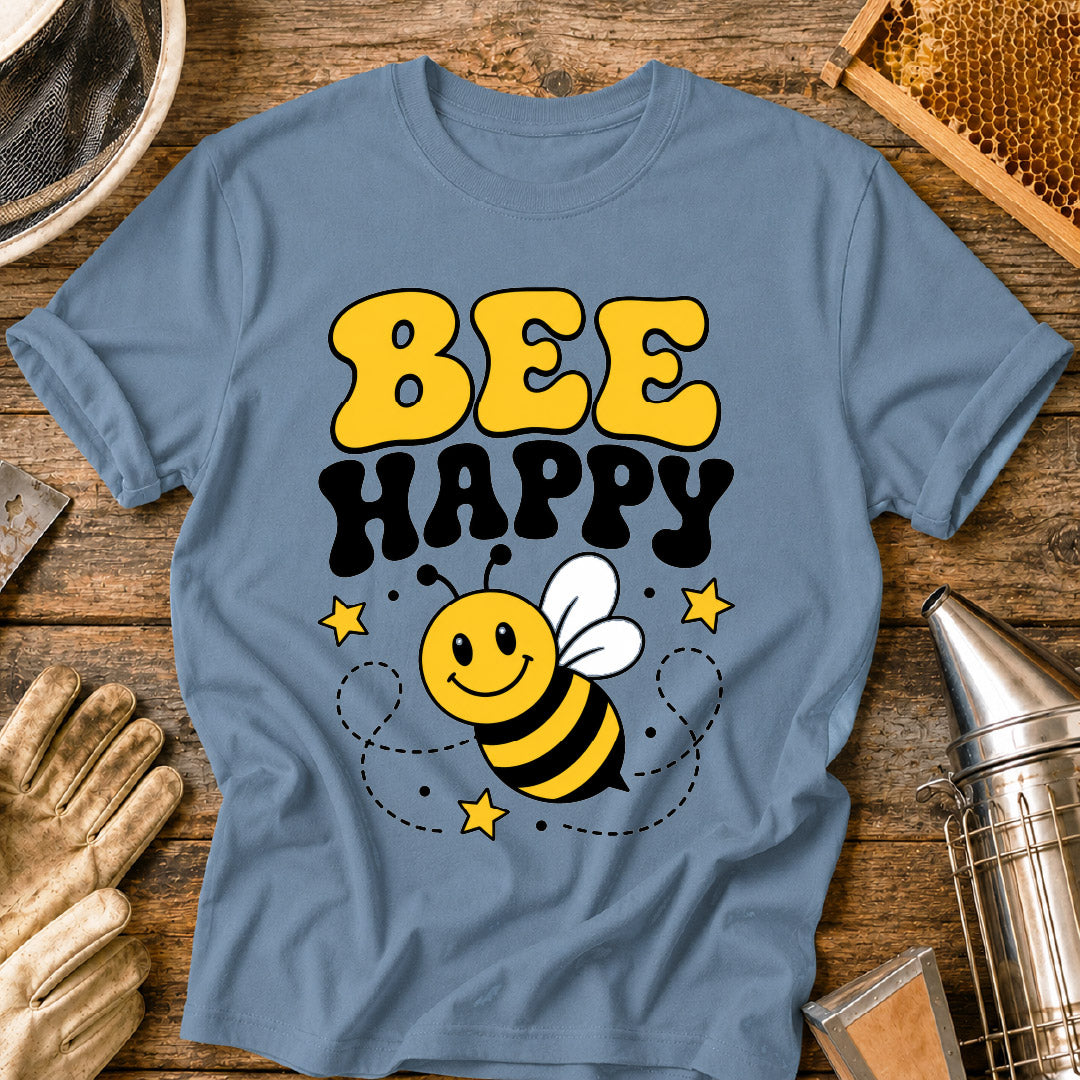 t-shirt, retro bee shirt, positive vibes shirt, pollinator shirt, happy bee design, cute bee shirt, cheerful graphic tee, cartoon bee tee, bee t-shirt, bee lover gift, bee happy shirt