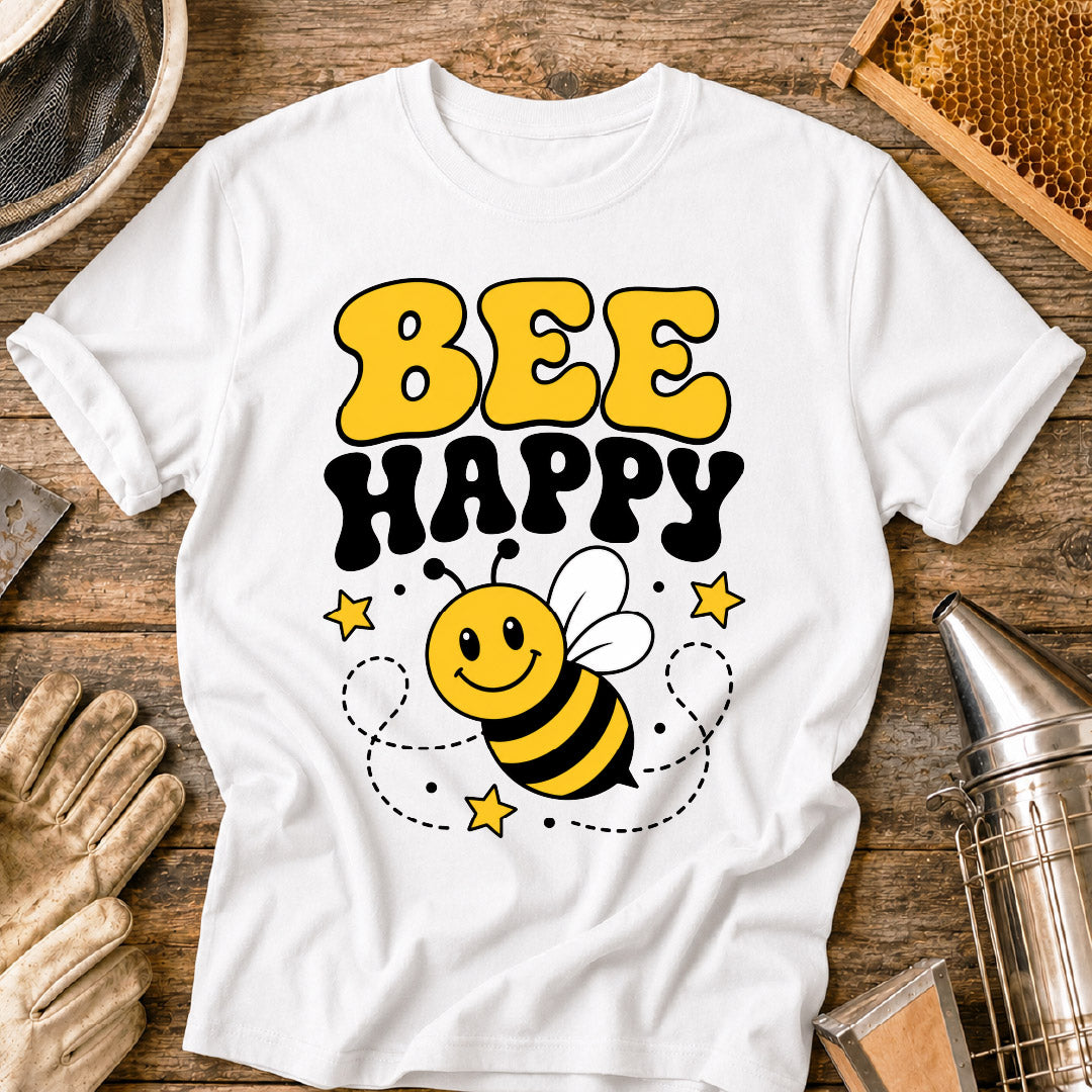 t-shirt, retro bee shirt, positive vibes shirt, pollinator shirt, happy bee design, cute bee shirt, cheerful graphic tee, cartoon bee tee, bee t-shirt, bee lover gift, bee happy shirt