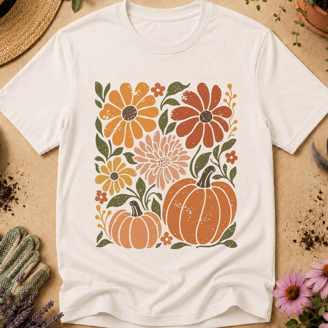 pumpkin shirt, fall floral shirt, autumn shirt, pumpkin lover gift, vintage fall shirt, fall gardening shirt, floral pumpkin shirt, gardener gift, autumn garden shirt, retro floral shirt
