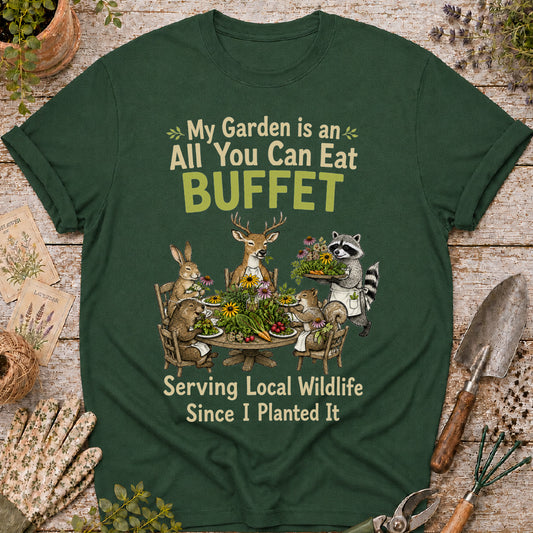 garden buffet shirt, funny gardening shirt, wildlife garden shirt, gardener gift, garden animal shirt, raccoon shirt, deer garden shirt, rabbit gardener shirt, backyard wildlife tee, nature lover gift