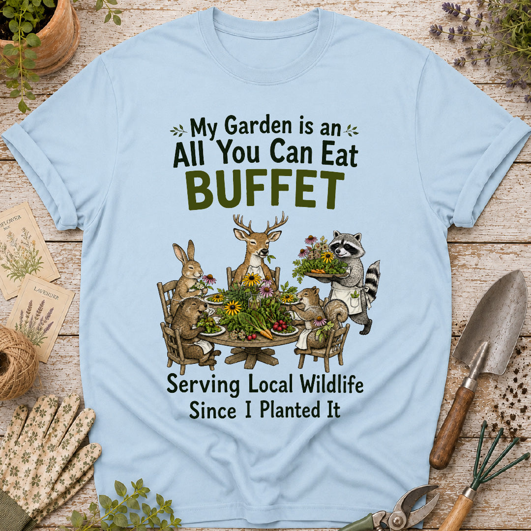 garden buffet shirt, funny gardening shirt, wildlife garden shirt, gardener gift, garden animal shirt, raccoon shirt, deer garden shirt, rabbit gardener shirt, backyard wildlife tee, nature lover gift
