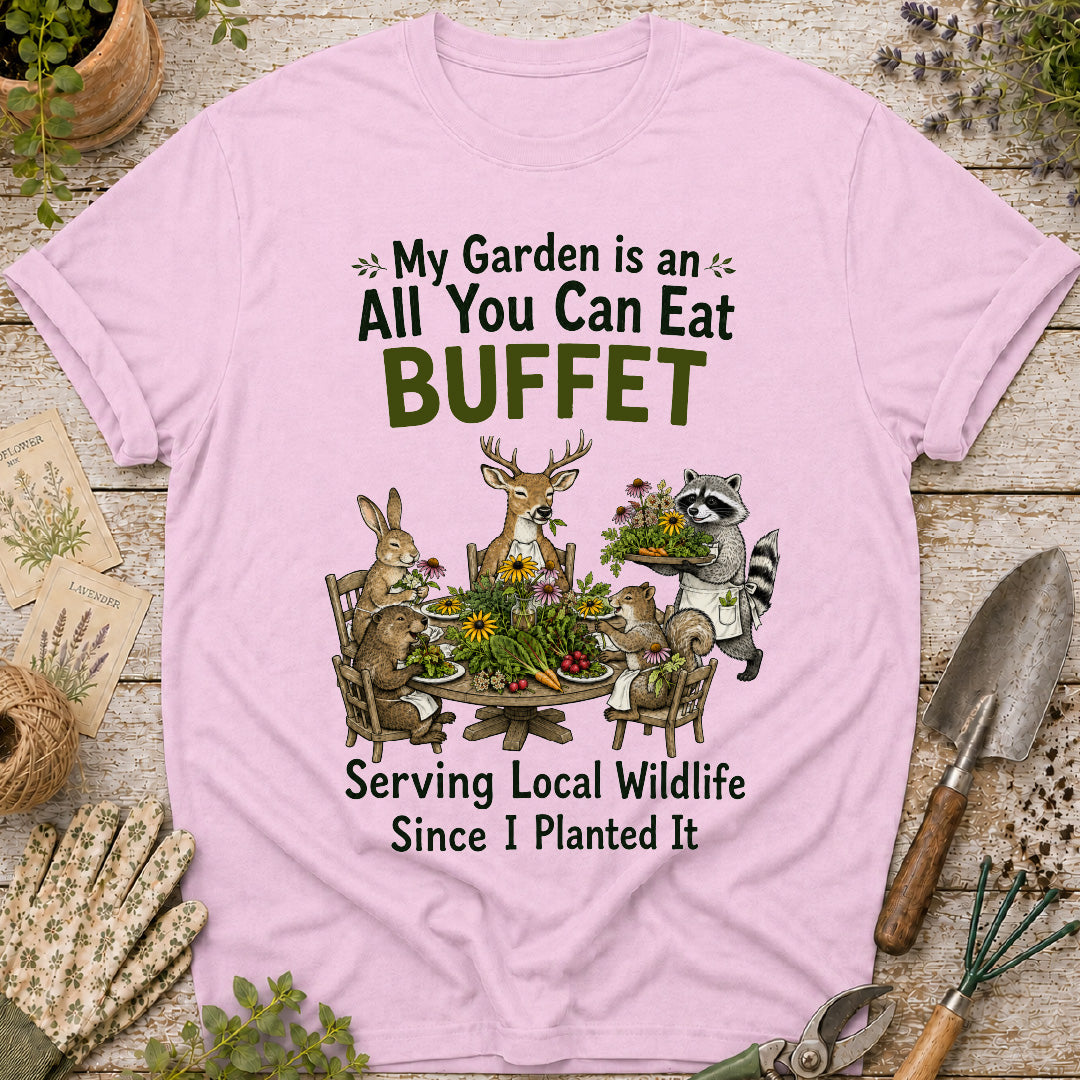 garden buffet shirt, funny gardening shirt, wildlife garden shirt, gardener gift, garden animal shirt, raccoon shirt, deer garden shirt, rabbit gardener shirt, backyard wildlife tee, nature lover gift
