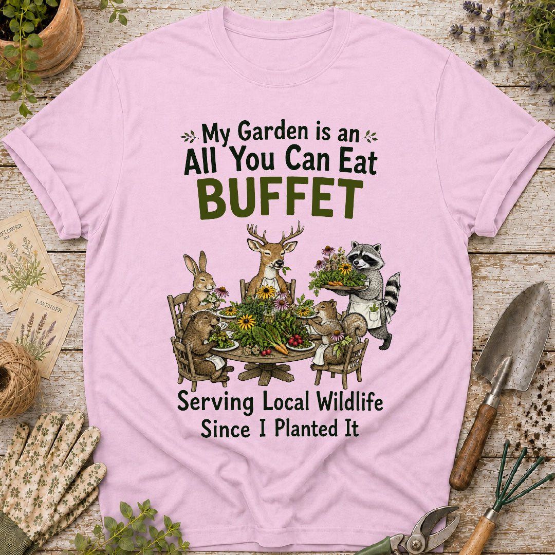 garden buffet shirt, funny gardening shirt, wildlife garden shirt, gardener gift, garden animal shirt, raccoon shirt, deer garden shirt, rabbit gardener shirt, backyard wildlife tee, nature lover gift