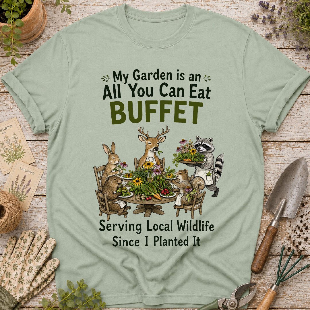 garden buffet shirt, funny gardening shirt, wildlife garden shirt, gardener gift, garden animal shirt, raccoon shirt, deer garden shirt, rabbit gardener shirt, backyard wildlife tee, nature lover gift