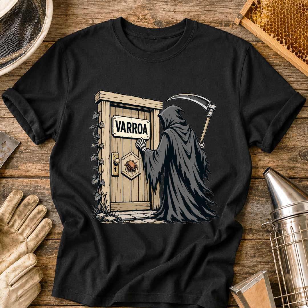 varroa destructor shirt, varroa mite shirt, beekeeper shirt, grim reaper bee design, beekeeping humor, mite control shirt, honey bee health, apiary shirt, funny beekeeper gift, healthy hive shirt
