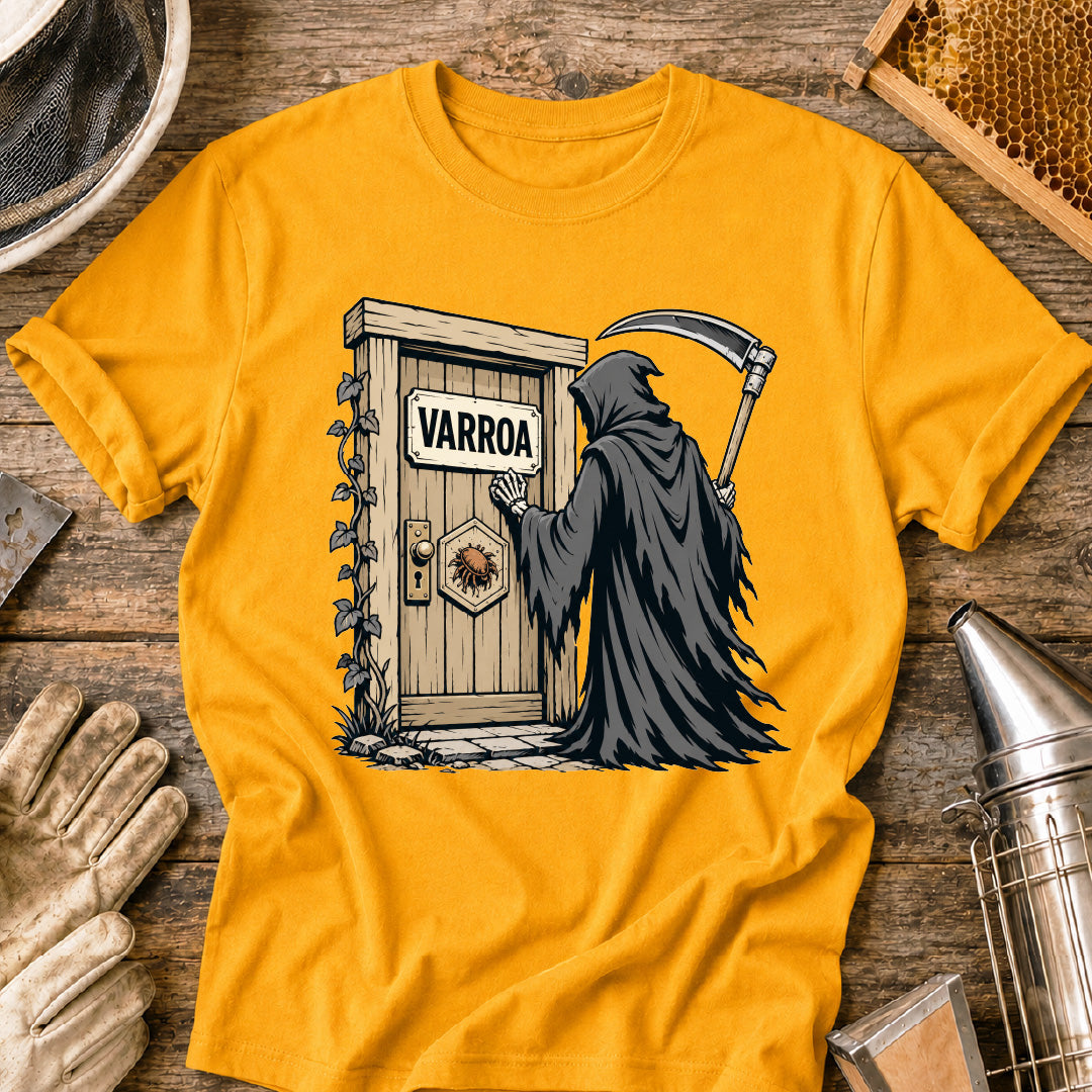 varroa destructor shirt, varroa mite shirt, beekeeper shirt, grim reaper bee design, beekeeping humor, mite control shirt, honey bee health, apiary shirt, funny beekeeper gift, healthy hive shirt