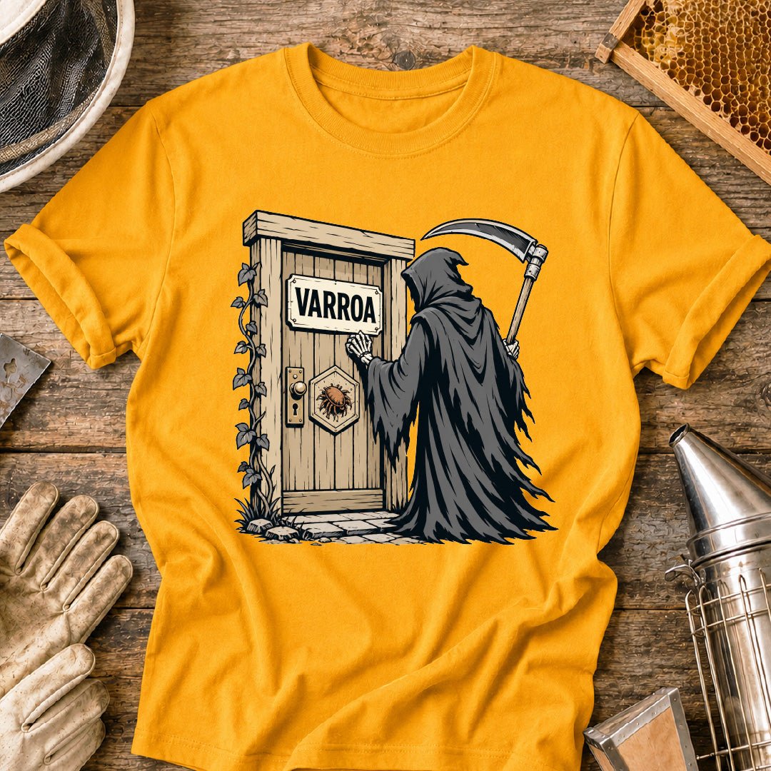 varroa destructor shirt, varroa mite shirt, beekeeper shirt, grim reaper bee design, beekeeping humor, mite control shirt, honey bee health, apiary shirt, funny beekeeper gift, healthy hive shirt