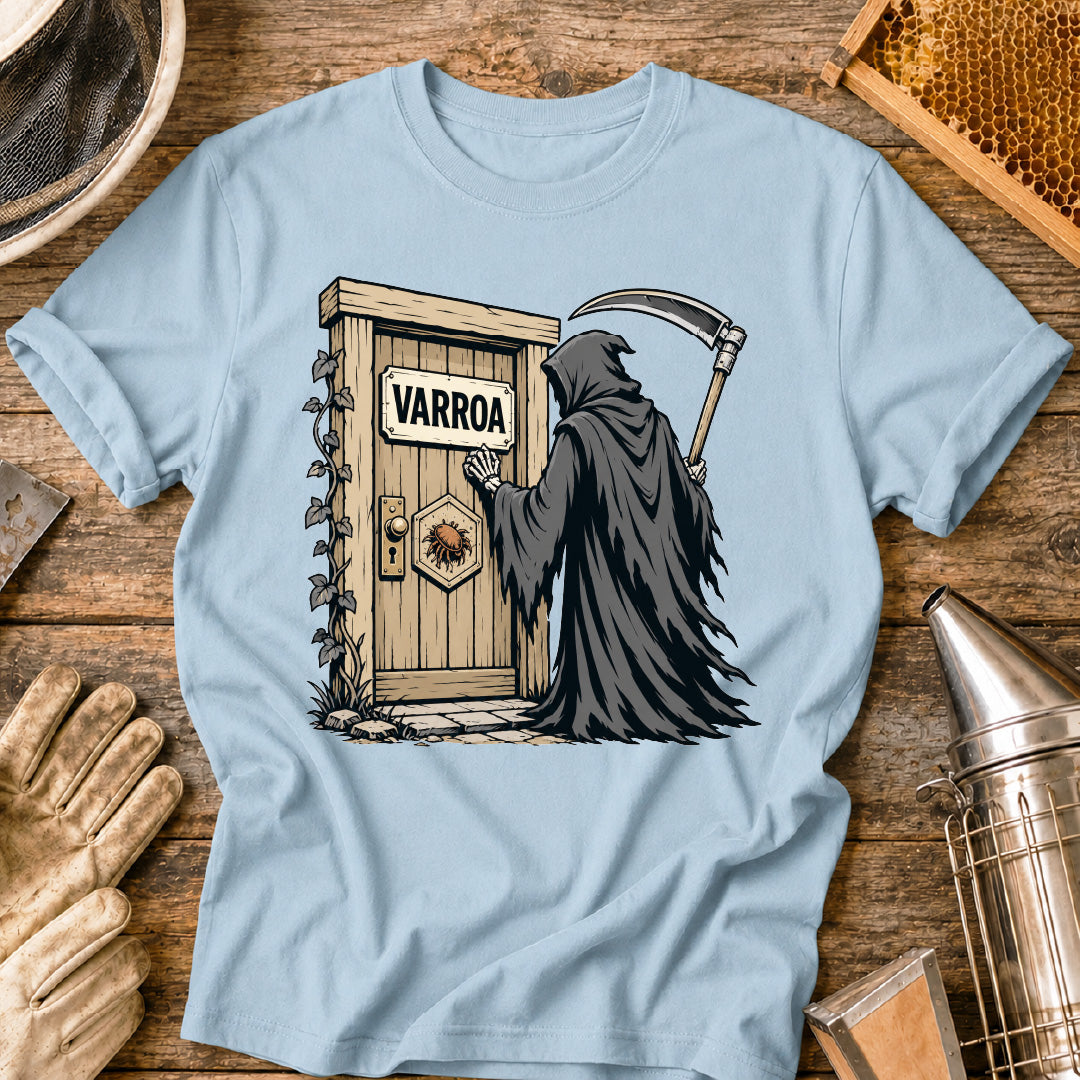 varroa destructor shirt, varroa mite shirt, beekeeper shirt, grim reaper bee design, beekeeping humor, mite control shirt, honey bee health, apiary shirt, funny beekeeper gift, healthy hive shirt