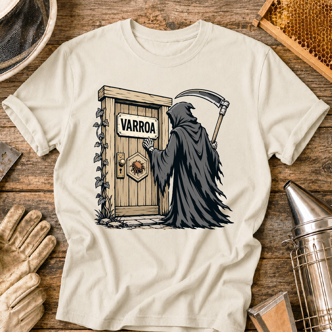 varroa destructor shirt, varroa mite shirt, beekeeper shirt, grim reaper bee design, beekeeping humor, mite control shirt, honey bee health, apiary shirt, funny beekeeper gift, healthy hive shirt
