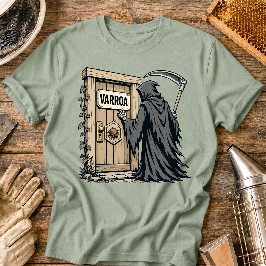 varroa destructor shirt, varroa mite shirt, beekeeper shirt, grim reaper bee design, beekeeping humor, mite control shirt, honey bee health, apiary shirt, funny beekeeper gift, healthy hive shirt