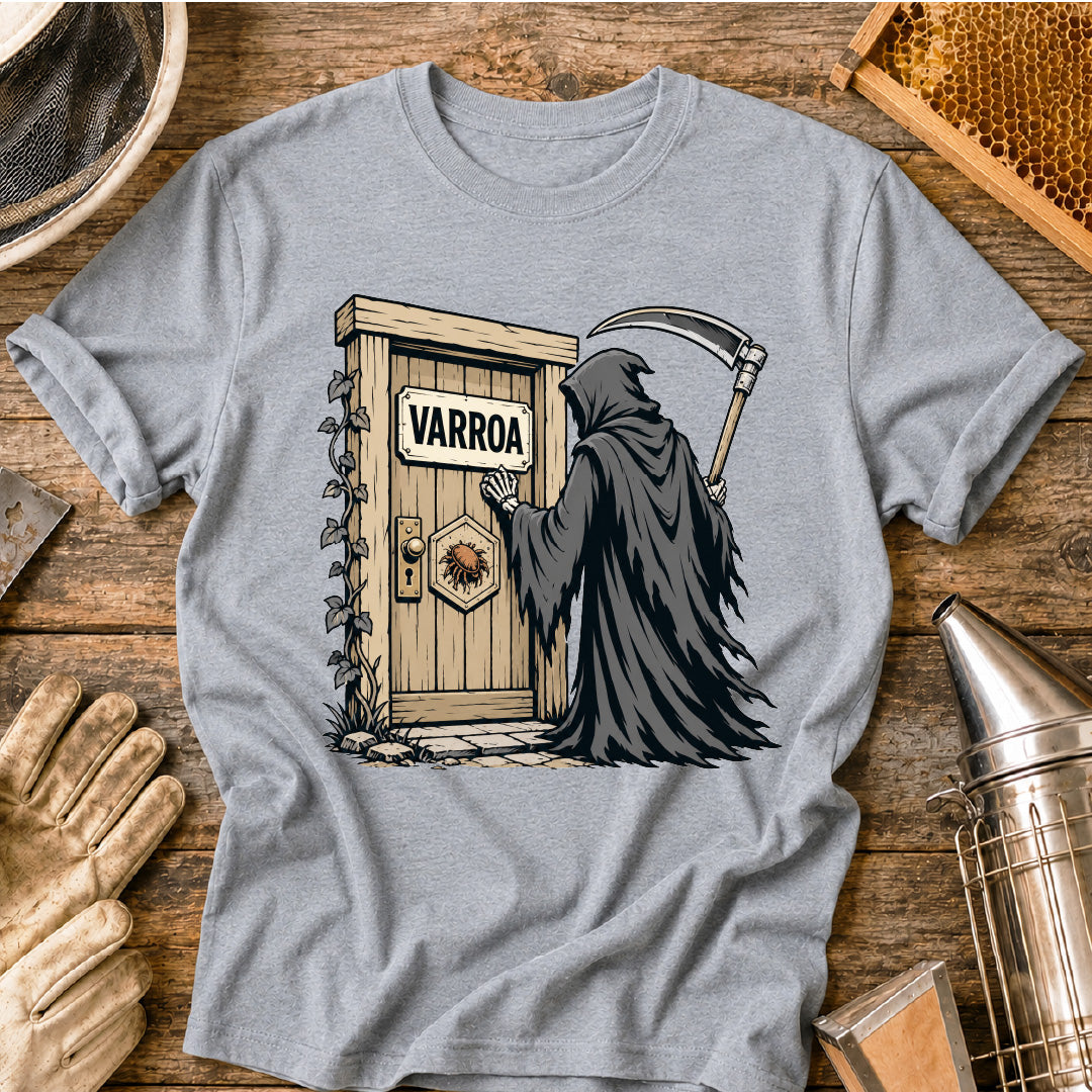 varroa destructor shirt, varroa mite shirt, beekeeper shirt, grim reaper bee design, beekeeping humor, mite control shirt, honey bee health, apiary shirt, funny beekeeper gift, healthy hive shirt