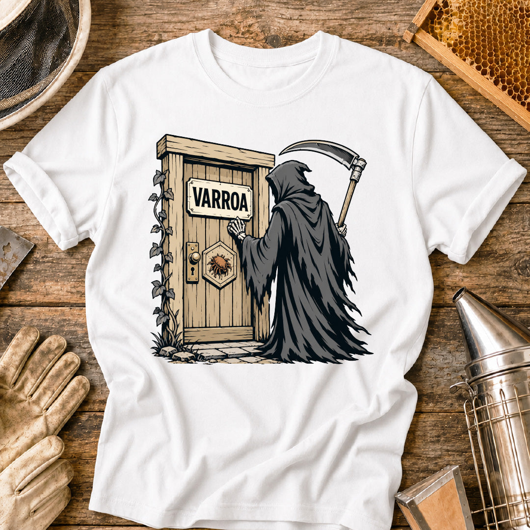 varroa destructor shirt, varroa mite shirt, beekeeper shirt, grim reaper bee design, beekeeping humor, mite control shirt, honey bee health, apiary shirt, funny beekeeper gift, healthy hive shirt