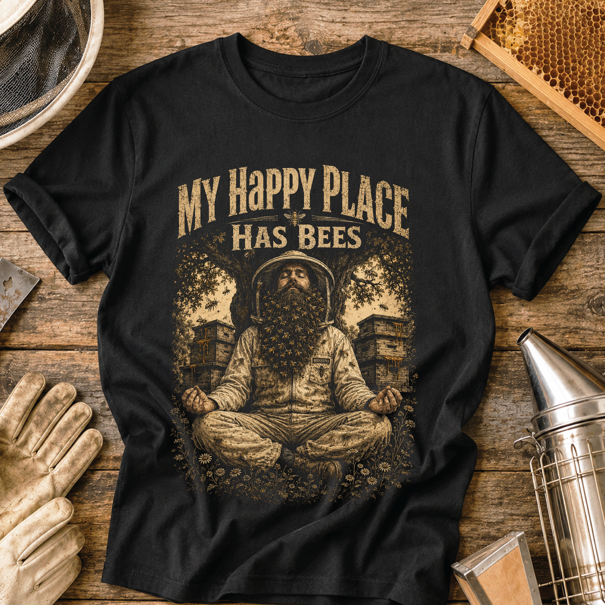 my happy place has bees, beekeeper shirt, bee lover gift, meditation beekeeper, funny beekeeper shirt, apiary life, honey bee apparel, beekeeping gift, bee yard shirt, beekeeping t-shirt