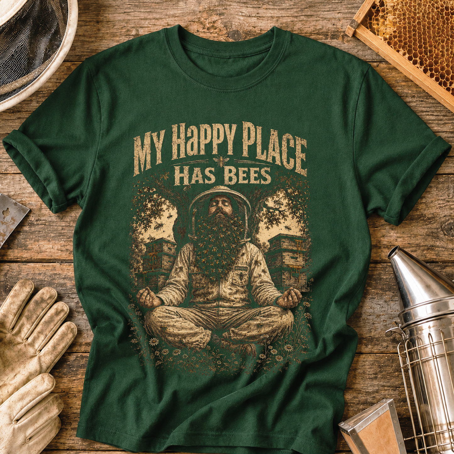 my happy place has bees, beekeeper shirt, bee lover gift, meditation beekeeper, funny beekeeper shirt, apiary life, honey bee apparel, beekeeping gift, bee yard shirt, beekeeping t-shirt
