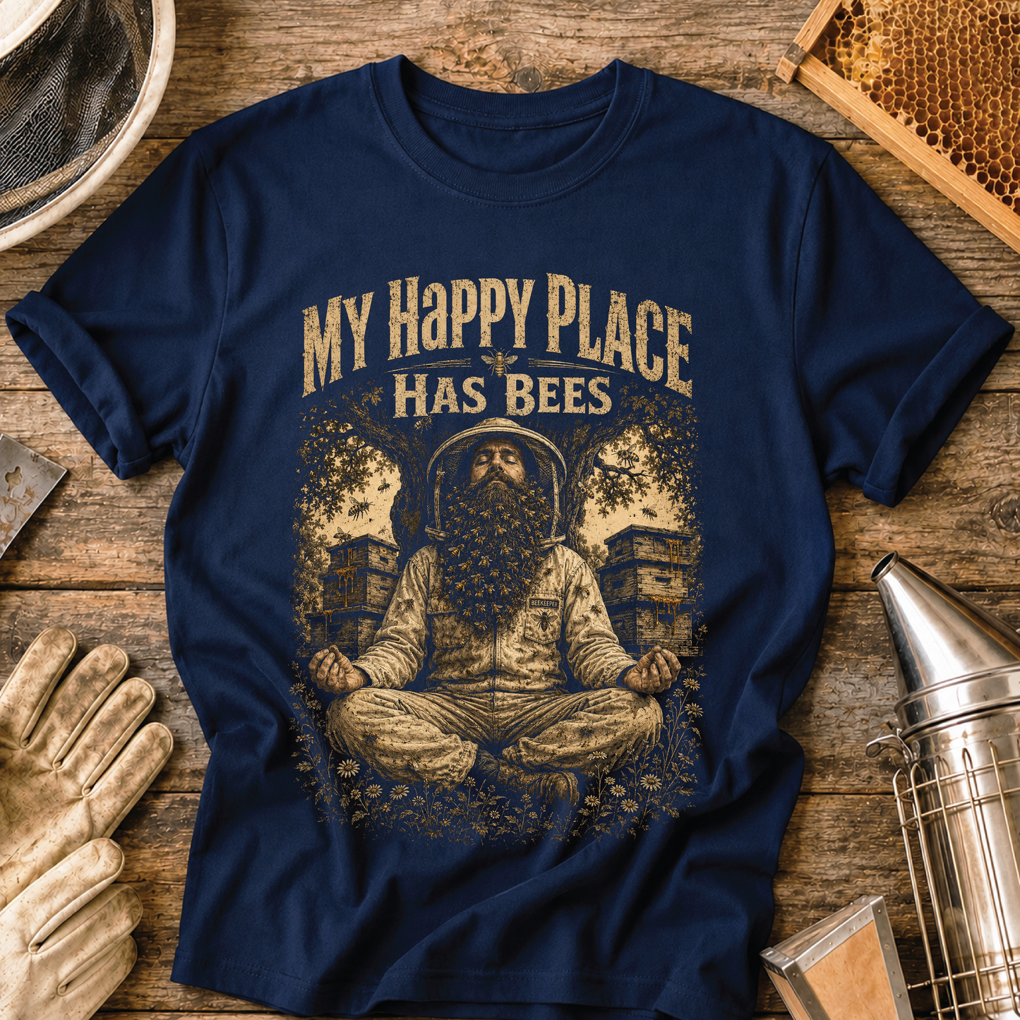 my happy place has bees, beekeeper shirt, bee lover gift, meditation beekeeper, funny beekeeper shirt, apiary life, honey bee apparel, beekeeping gift, bee yard shirt, beekeeping t-shirt
