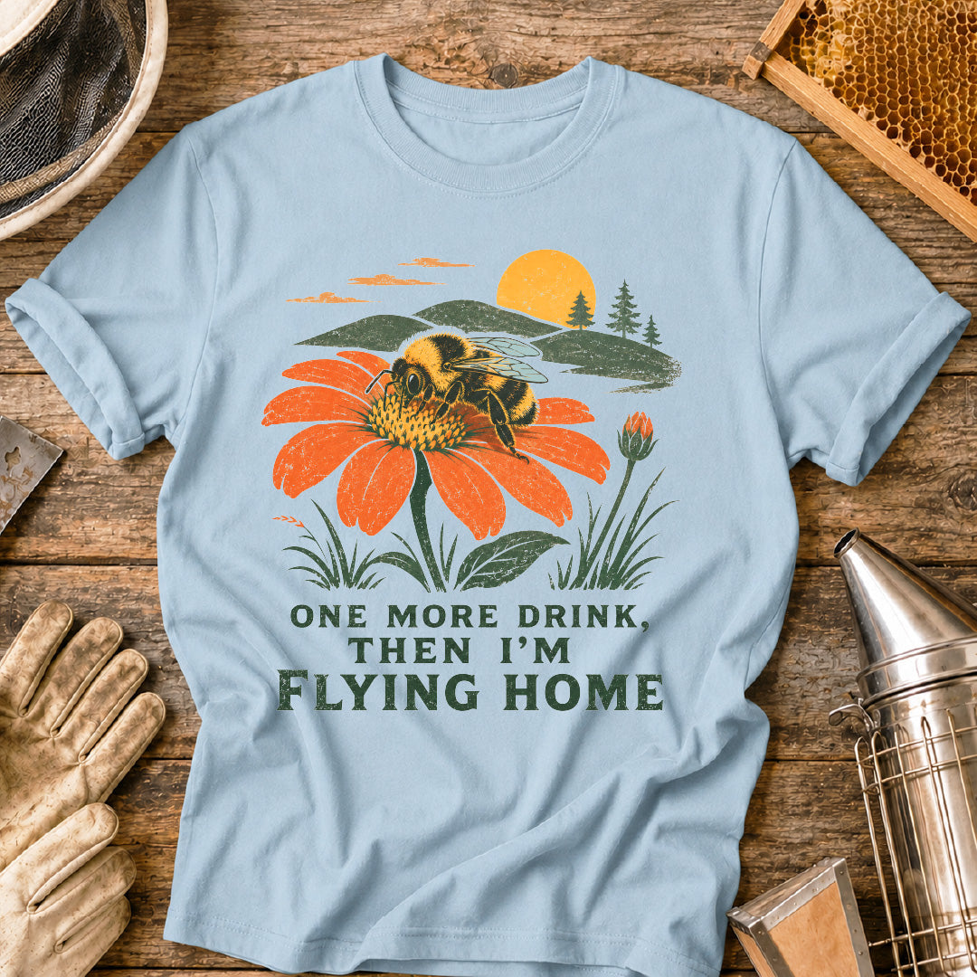 one more drink then i’m flying home, funny bee shirt, bumblebee shirt, beekeeper gift, pollinator shirt, bee lover gift, vintage nature shirt, national park style shirt, gardener gift, wildflower bee design