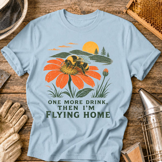 one more drink then i’m flying home, funny bee shirt, bumblebee shirt, beekeeper gift, pollinator shirt, bee lover gift, vintage nature shirt, national park style shirt, gardener gift, wildflower bee design