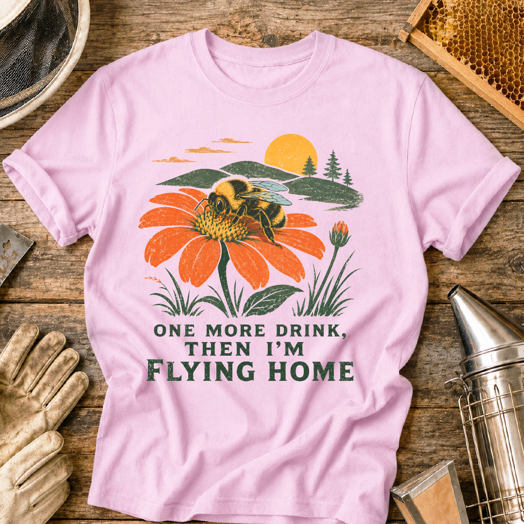 one more drink then i’m flying home, funny bee shirt, bumblebee shirt, beekeeper gift, pollinator shirt, bee lover gift, vintage nature shirt, national park style shirt, gardener gift, wildflower bee design