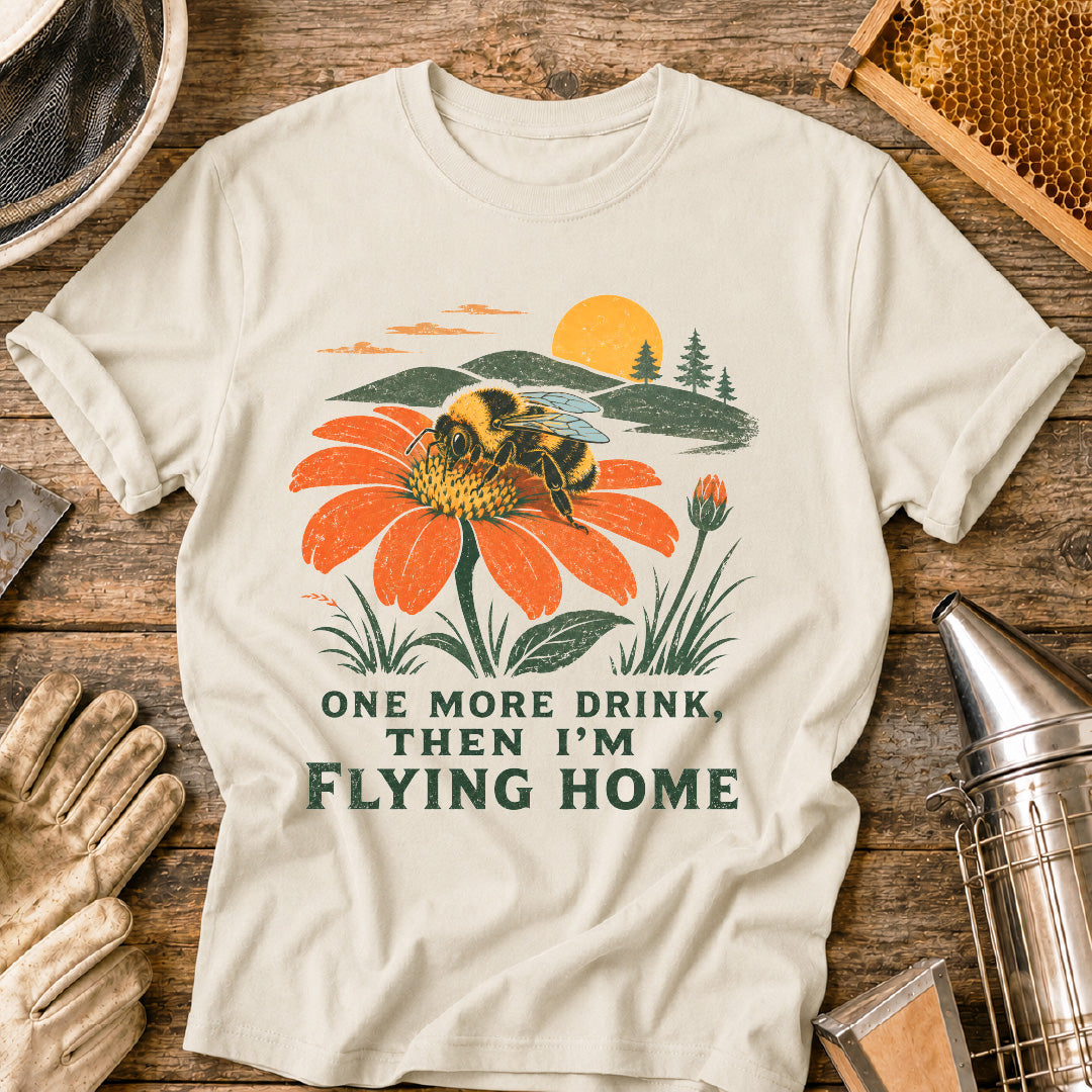 one more drink then i’m flying home, funny bee shirt, bumblebee shirt, beekeeper gift, pollinator shirt, bee lover gift, vintage nature shirt, national park style shirt, gardener gift, wildflower bee design