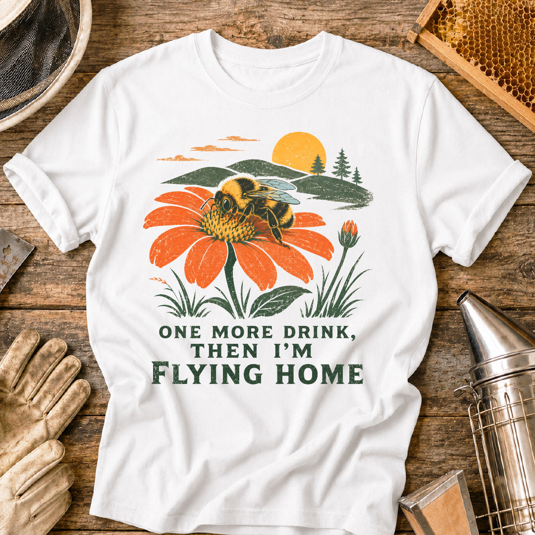 one more drink then i’m flying home, funny bee shirt, bumblebee shirt, beekeeper gift, pollinator shirt, bee lover gift, vintage nature shirt, national park style shirt, gardener gift, wildflower bee design